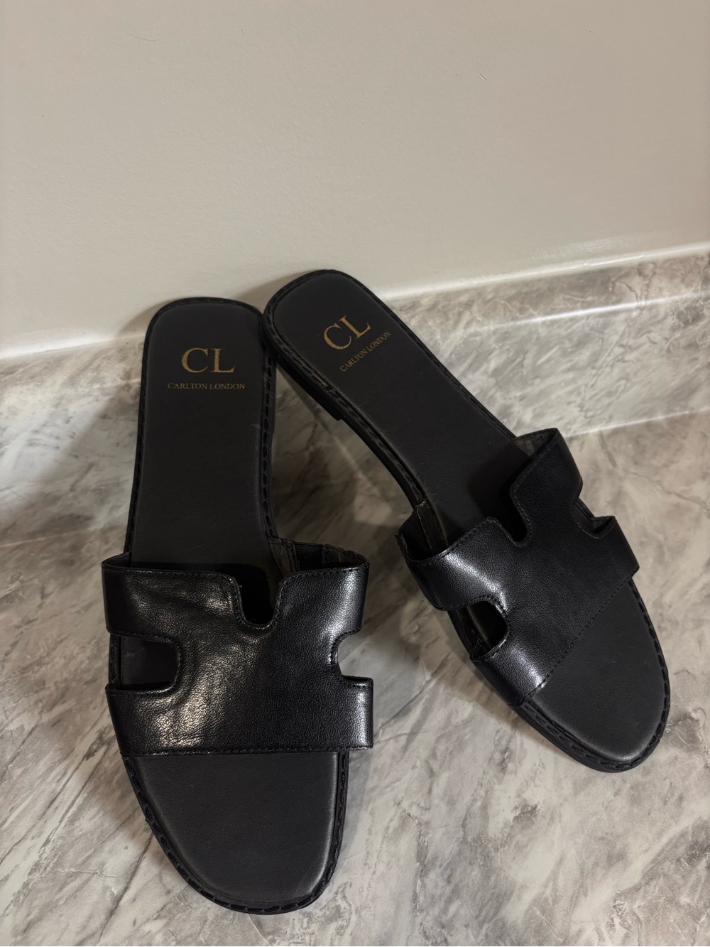 CL Carlton London Black Leather Slide Sandals for Women